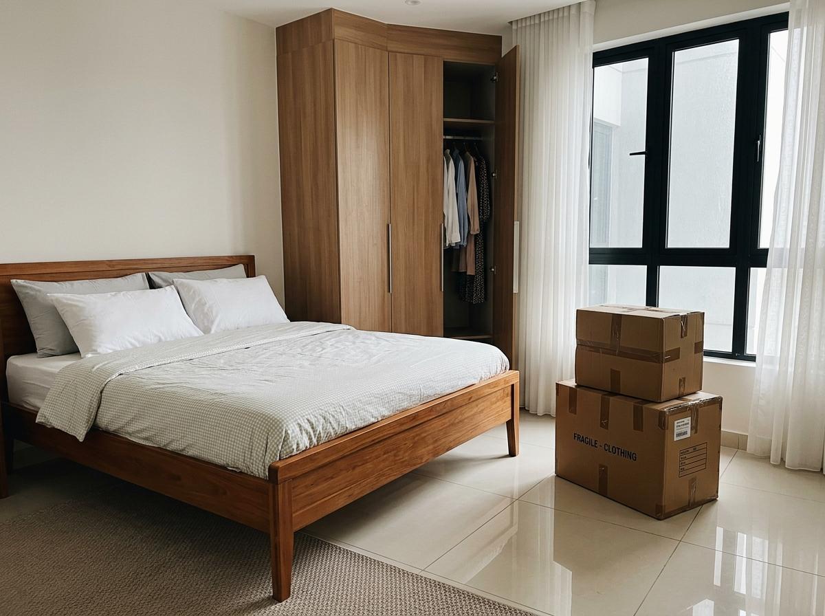 Neatly assembled wooden bed frame with clean bedding, open wardrobe with hung clothes, and labeled moving boxes