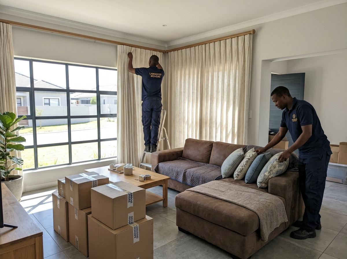 LAWADOSI Movers crew carefully mounting curtains and unpacking furniture in a client's living room