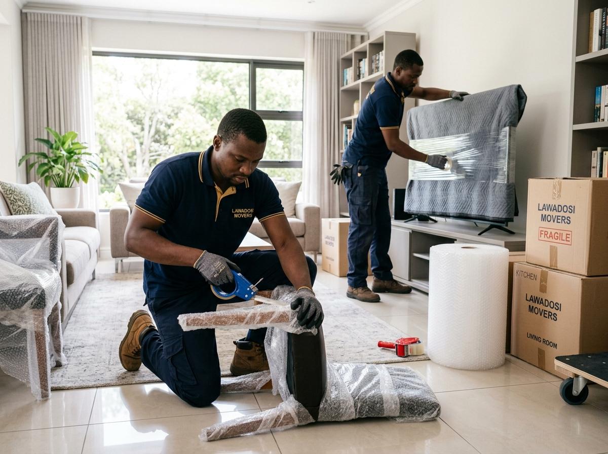 Professional LAWADOSI movers wrapping dining chairs and protecting a large flat-screen TV with blankets and bubble wrap